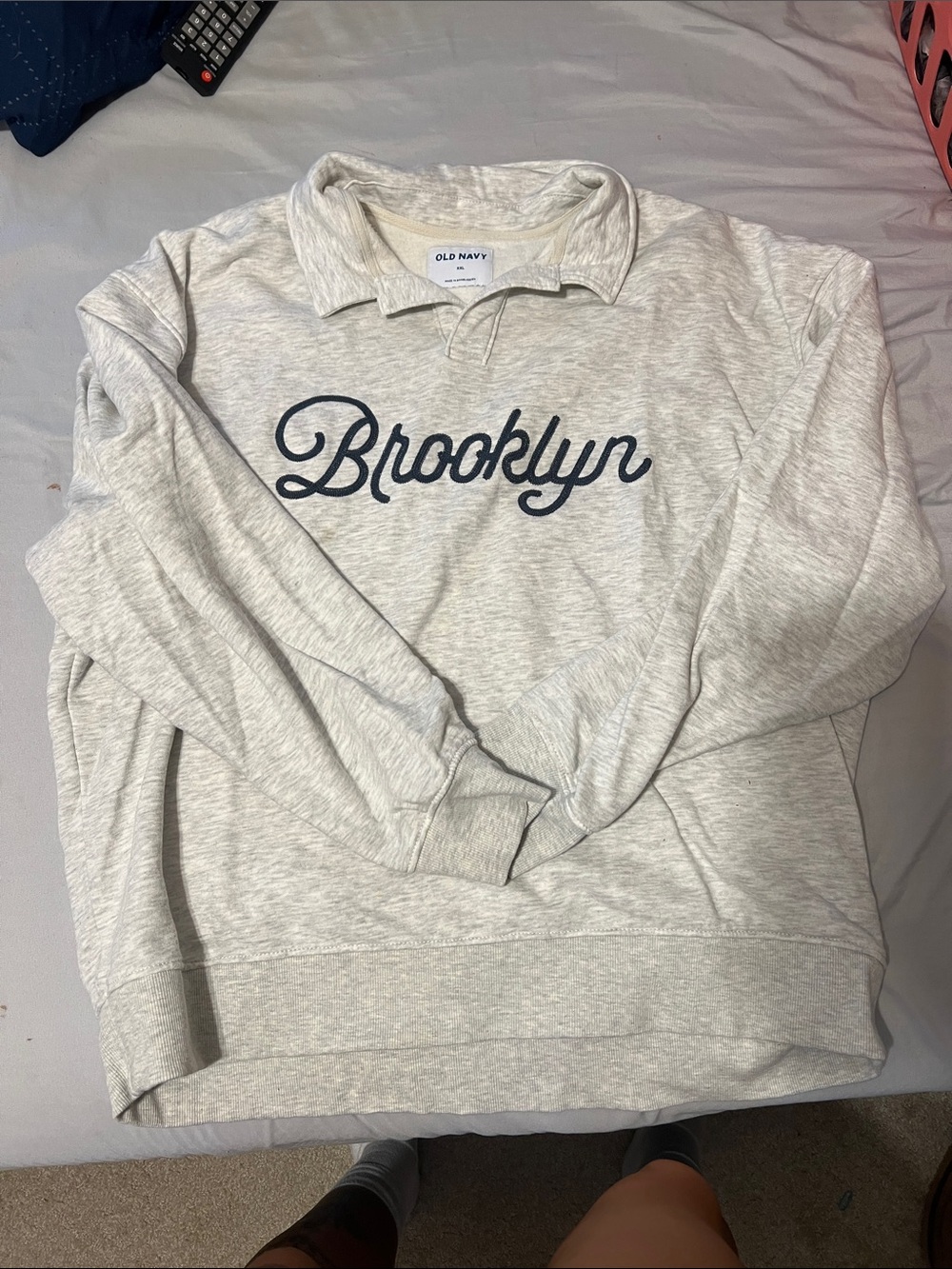 Old Navy Men's Light Gray 'Brooklyn' Pullover Sweatshirt with Navy Script